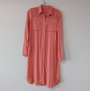 LC Waikiki Medium Coral Lace Detail Button-Up Tunic Shirt